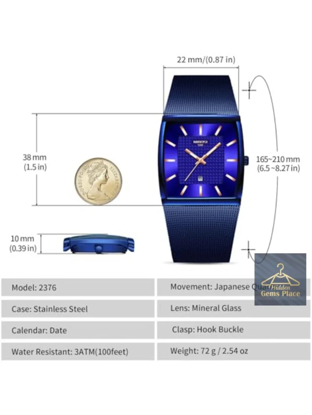Men's Analog Square Dial Mesh Strap Watch Quartz Date Display Stainless Steel